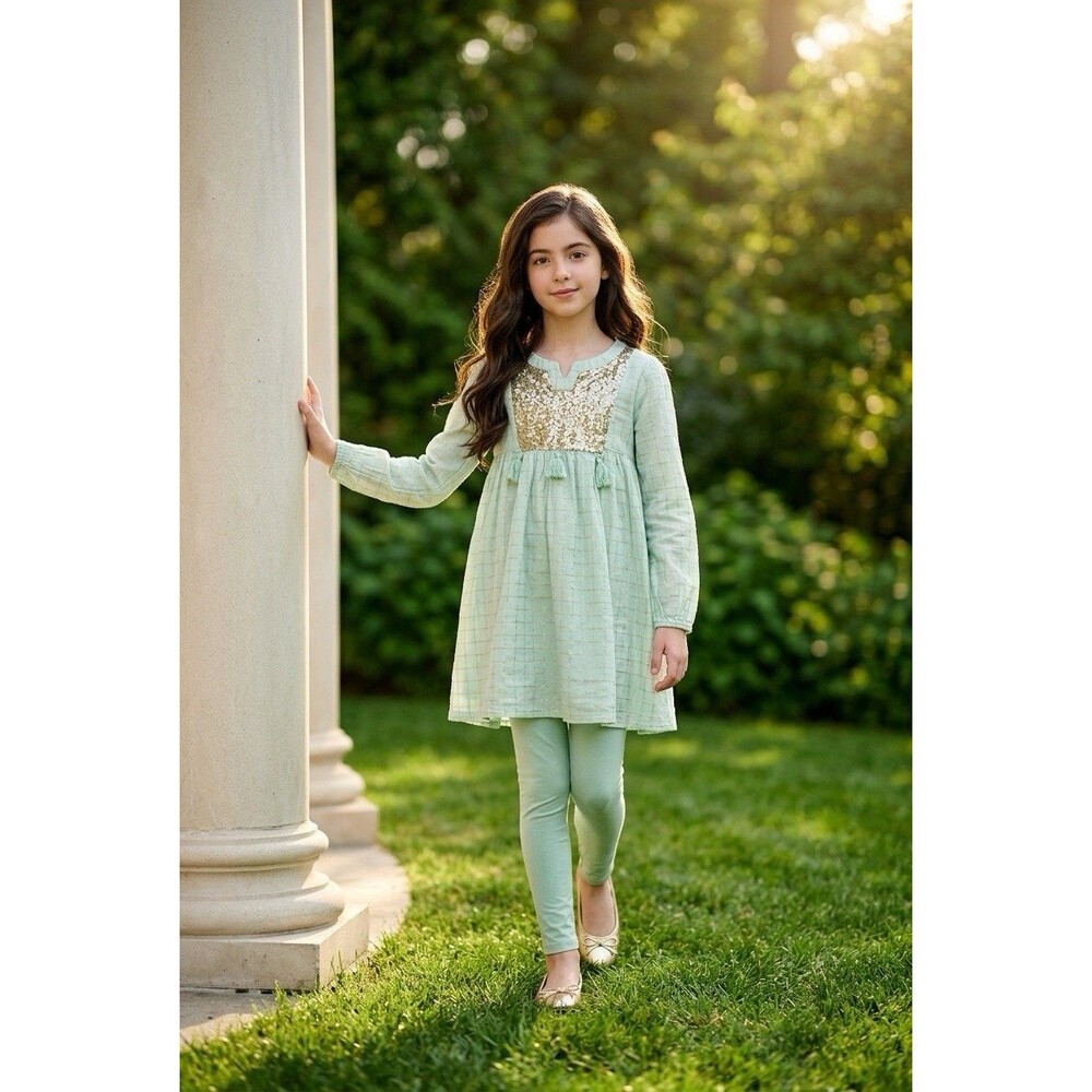 Peek Kids Girls Sequin Accent Kurti Dress Size 6/7 Check Special Occasions